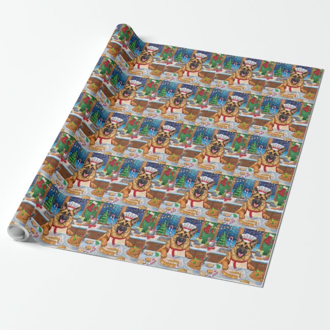 German Shepherd Holiday Baking: Festive Christmas Wrapping Paper (Unrolled)