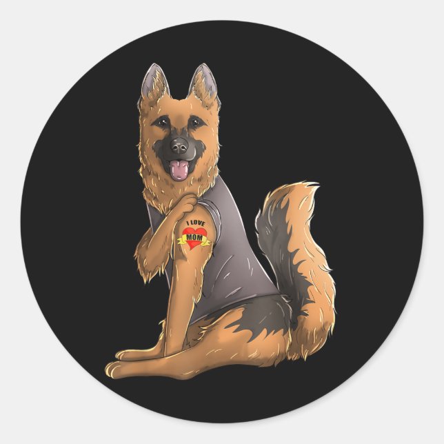 German Shepherd I Love Mom Tattoo Dog Shirt Mother Classic Round Sticker (Front)
