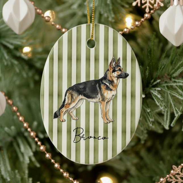 German Shepherd Illustration Christmas Ceramic Ornament (Celebrate the holidays with this timeless, vintage striped pet portrait! )