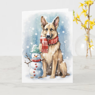 German Shepherd in a Christmas Hat with Snowman Card
