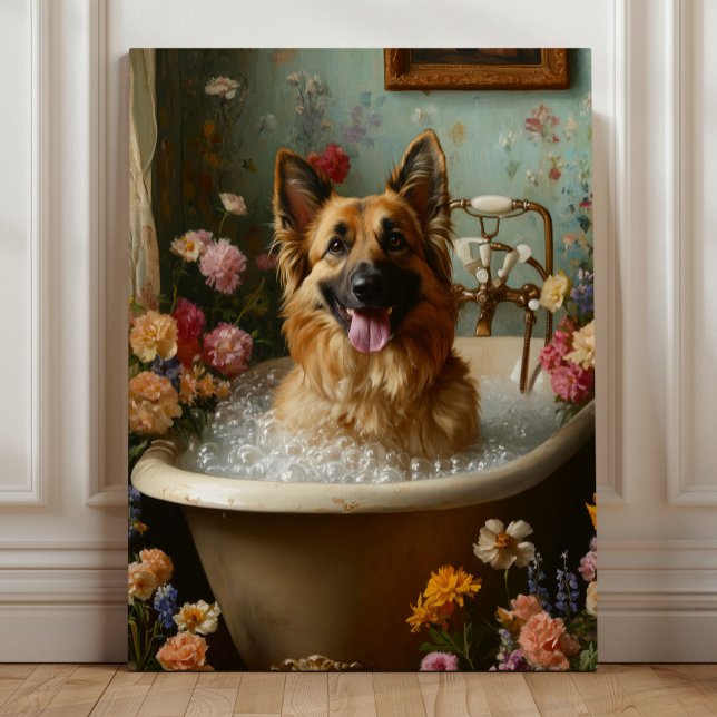German Shepherd in a Floral Bubble Bath Canvas Print (German Shepherd in a Floral Bubble Bath – Whimsical Dog Bathroom Art by Nicole Cossairt)