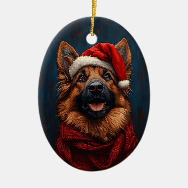 German Shepherd in a Santa Hat Ceramic Ornament (Front)