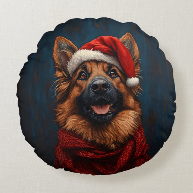 German Shepherd in a Santa Hat Round Pillow (Front)