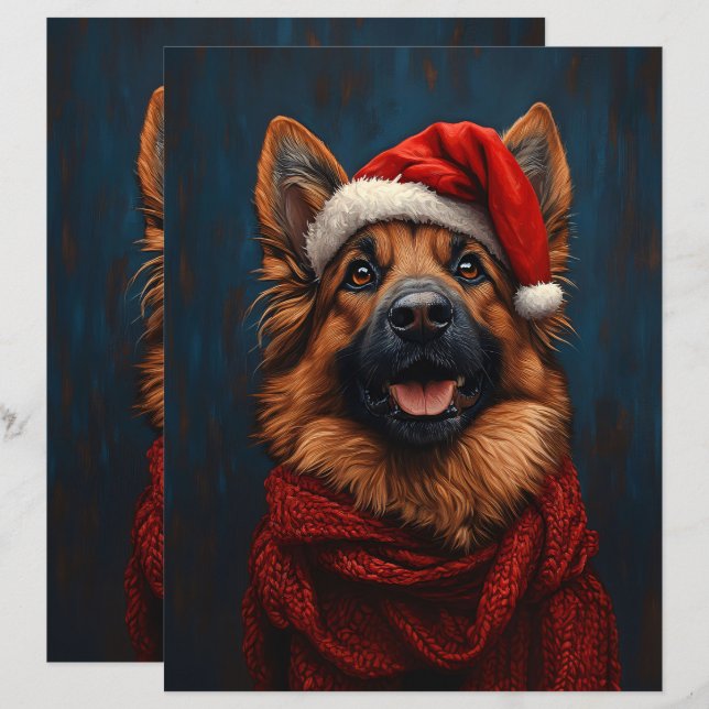 German Shepherd in a Santa Hat Scrapbook Paper (Front/Back)