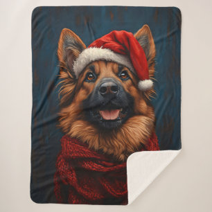 German Shepherd in a Santa Hat Sherpa Blanket