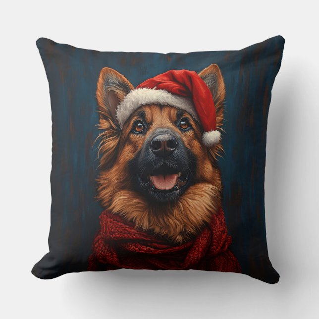 German Shepherd in a Santa Hat Throw Pillow (Front)