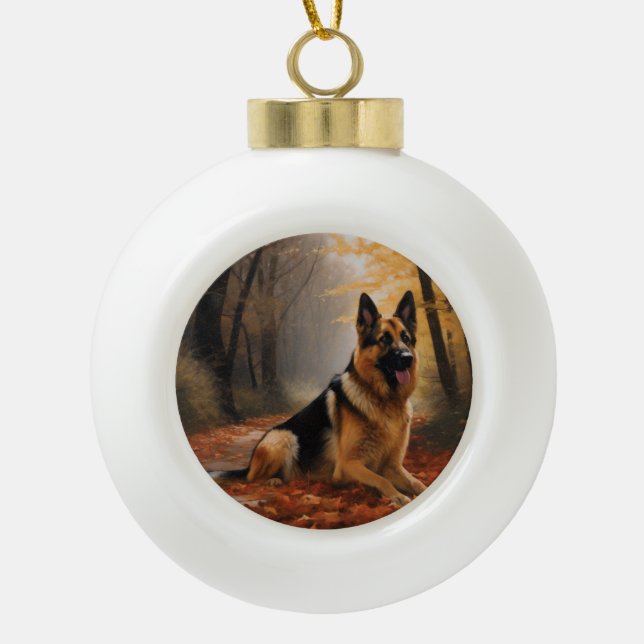 German Shepherd  in Autumn Leaves Fall Inspire  Ceramic Ball Christmas Ornament (Front)