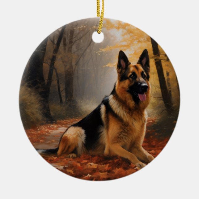 German Shepherd  in Autumn Leaves Fall Inspire  Ceramic Ornament (Front)