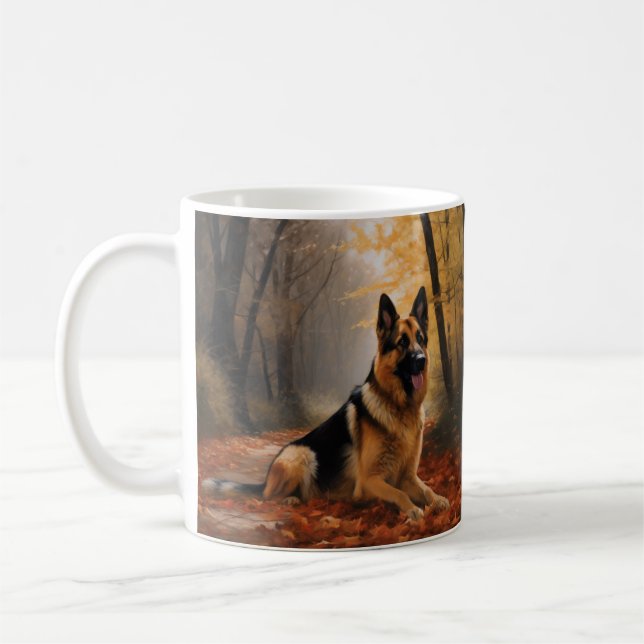German Shepherd  in Autumn Leaves Fall Inspire  Coffee Mug (Left)
