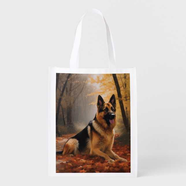 German Shepherd  in Autumn Leaves Fall Inspire  Grocery Bag (Front)