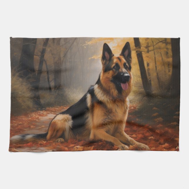 German Shepherd  in Autumn Leaves Fall Inspire  Kitchen Towel (Horizontal)
