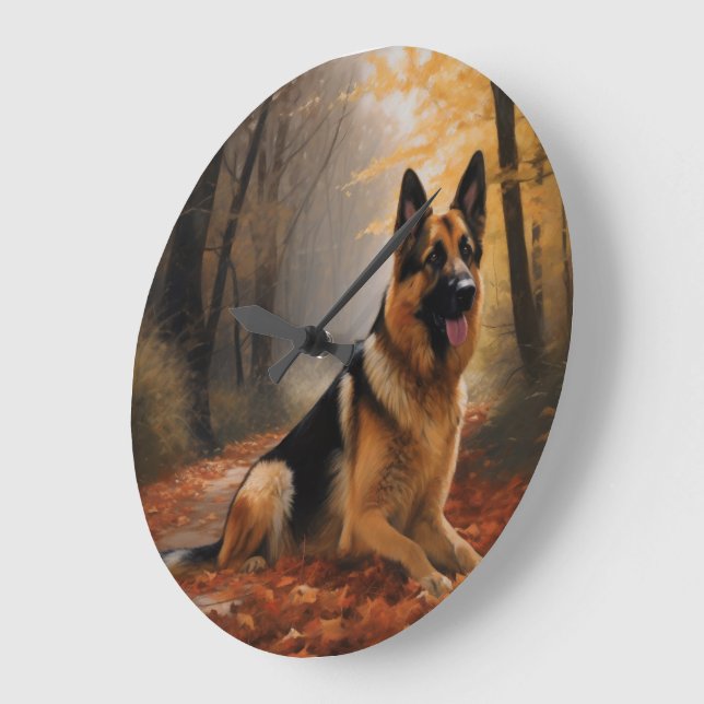 German Shepherd  in Autumn Leaves Fall Inspire  Large Clock (Angle)