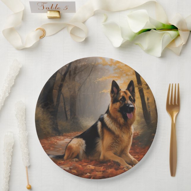 German Shepherd  in Autumn Leaves Fall Inspire  Paper Plates (Wedding)