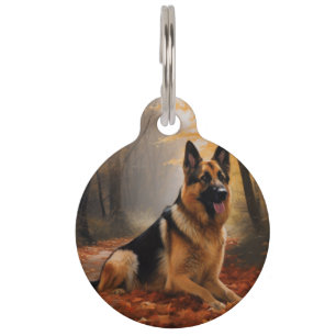 German Shepherd in Autumn Leaves Fall Inspire Pet ID Tag