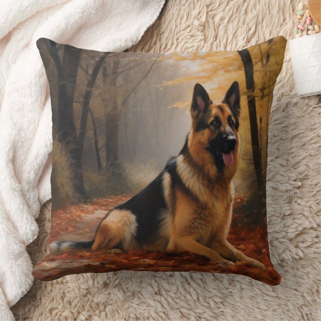 German Shepherd  in Autumn Leaves Fall Inspire  Throw Pillow (Blanket)