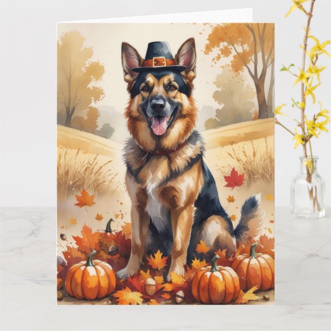 German Shepherd In Autumn Leaves Thanksgiving Art Card (Yellow Flower)