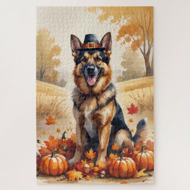 German Shepherd In Autumn Leaves Thanksgiving Art Jigsaw Puzzle (Vertical)