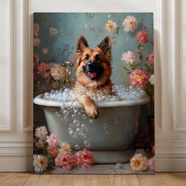 German Shepherd in Bath – Whimsical Floral Canvas Print (German Shepherd in a Bubble Bath – Whimsical Floral Bathroom Art by Nicole Cossairt)