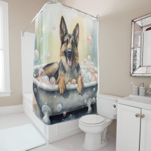German Shepherd In Bathtub Watercolor Dog Art Shower Curtain
