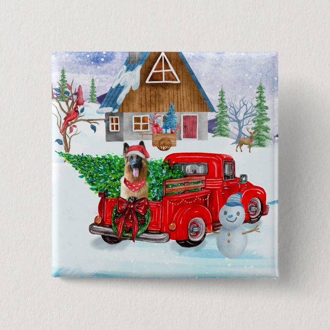 German Shepherd In Christmas Delivery Truck Snow  Button (Front)