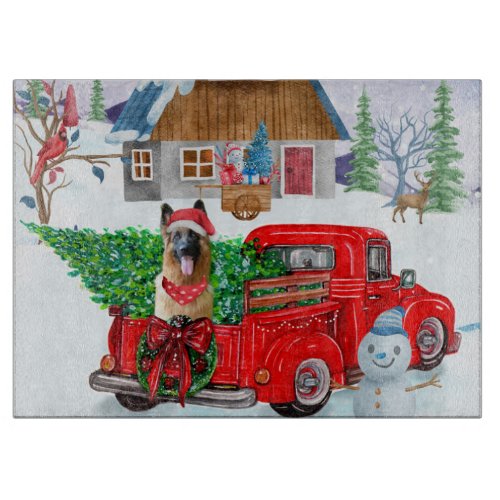 German Shepherd In Christmas Delivery Truck Snow Cutting Board