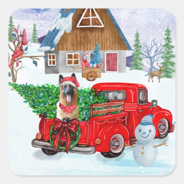 German Shepherd In Christmas Delivery Truck Snow Square Sticker (Front)