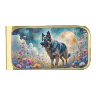German Shepherd in Floral Field Gold Finish Money Clip