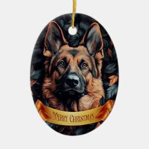 German Shepherd in Leaves Ceramic Ornament