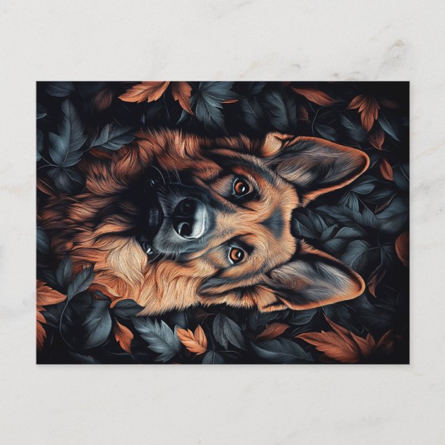 German Shepherd in Leaves Postcard (Front)
