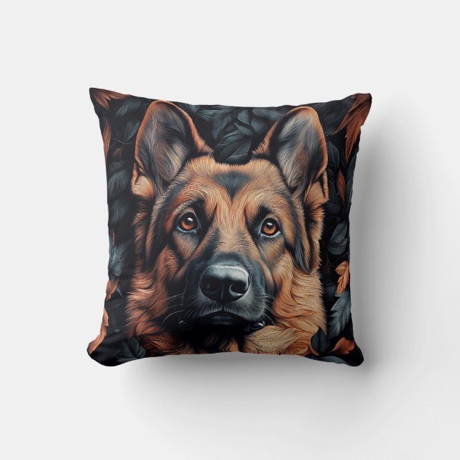 German Shepherd in Leaves Throw Pillow (Front)
