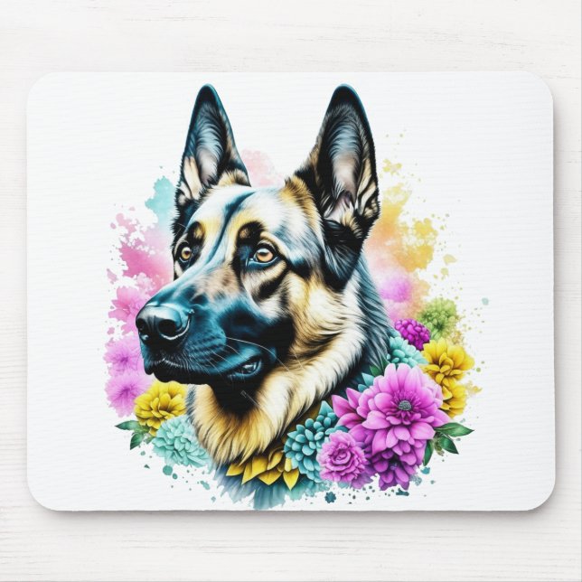 German Shepherd in Pink and Yellow Flowers Mouse Pad (Front)