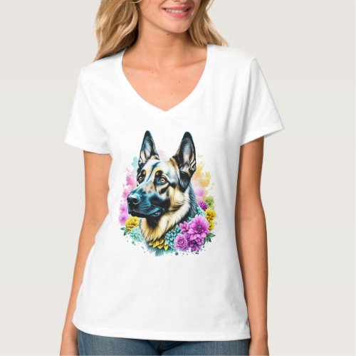 German Shepherd in Pink and Yellow Flowers T_Shirt