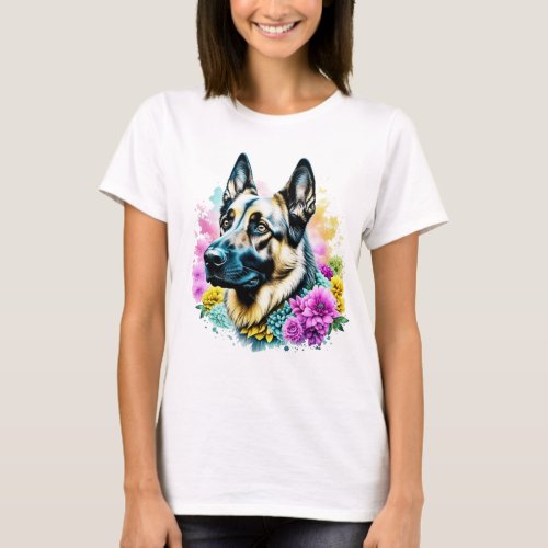 German Shepherd in Pink and Yellow Flowers T_Shirt