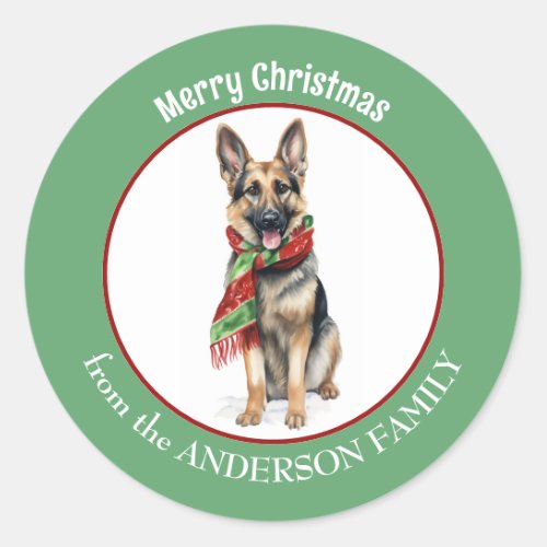 German Shepherd in Red and Green Christmas Scarf Classic Round Sticker
