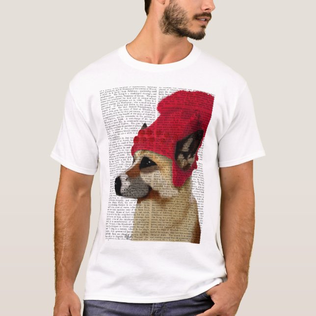 German Shepherd in Red Woolly Hat T-Shirt (Front)
