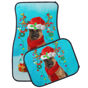 German Shepherd in snow with Christmas gifts Car Floor Mat