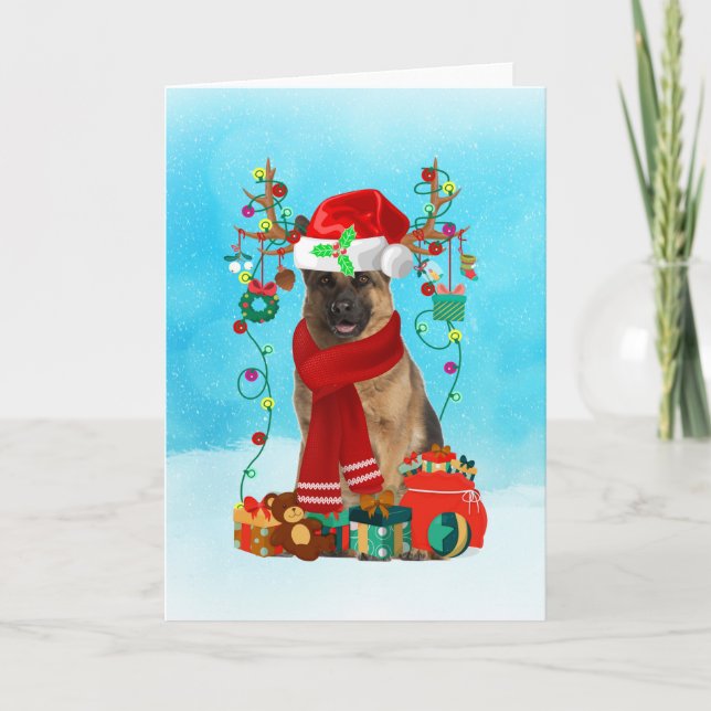 German Shepherd in snow with Christmas gifts  Card (Front)
