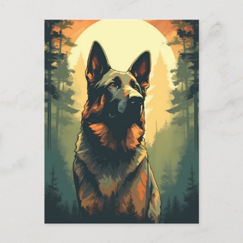 German_Shepherd in the forest during sunset Postcard