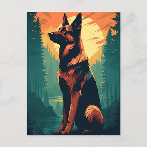 German Shepherd in the forest during sunset Postcard