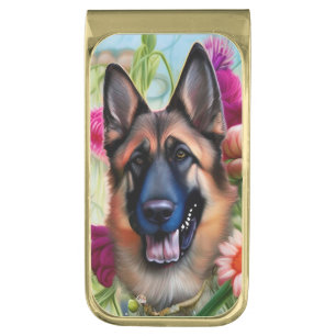 German Shepherd in the Garden  Gold Finish Money Clip