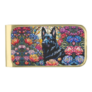 German Shepherd in the Stained Glass Garden Gold Finish Money Clip