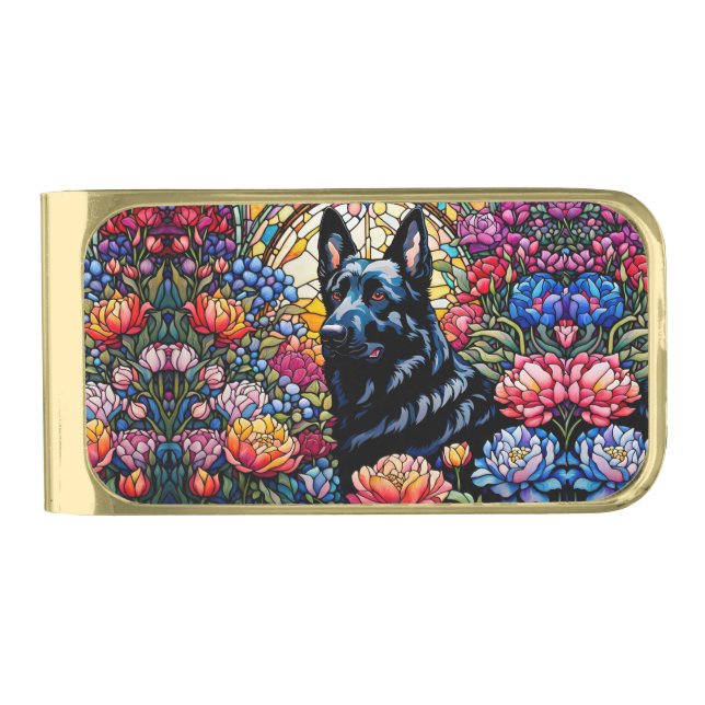 German Shepherd in the Stained Glass Garden  Gold Finish Money Clip (Front)