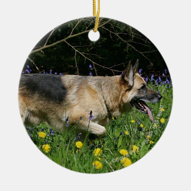 German Shepherd in Yellow Flowers Ceramic Ornament (Front)