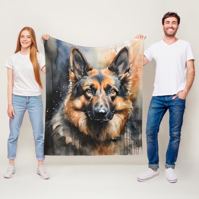German Shepherd Ink Portrait Fleece Blanket (In Situ)