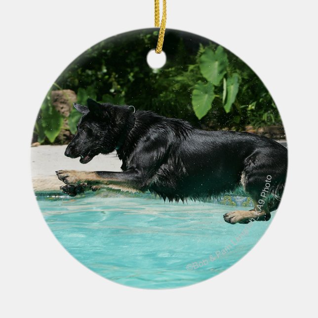 German Shepherd Jumping in Water Ceramic Ornament (Front)