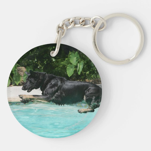 German Shepherd Jumping in Water Keychain (Back)