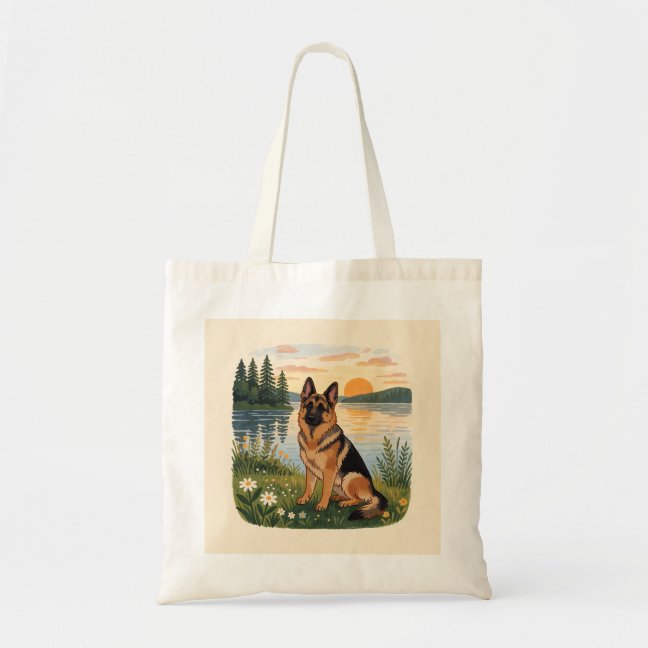 German Shepherd Lakeside Sunrise Sit Tote Bag
