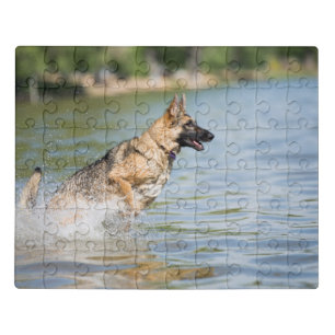 German Shepherd Leaps Into Water Jigsaw Puzzle