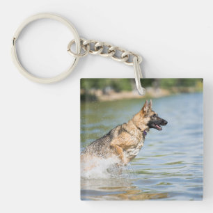 German Shepherd Leaps Into Water Keychain