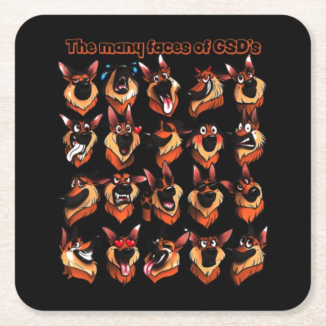 German Shepherd Many Faces Square Paper Coaster (Front)